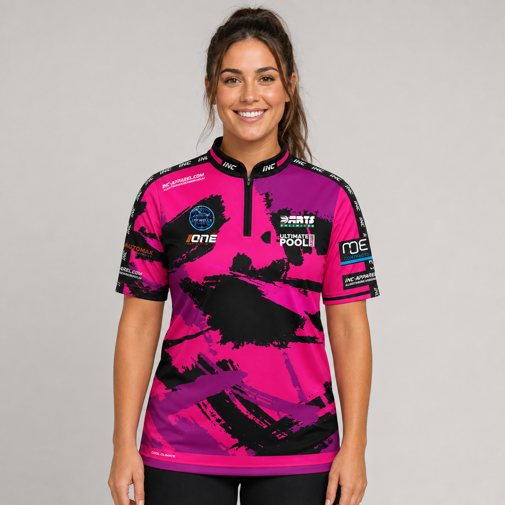 Front view of The Cue Club Women's Club Slayers Pool Shirt, showcasing the bold Club Slayers chest graphic, tailored feminine fit, and modern collar design.