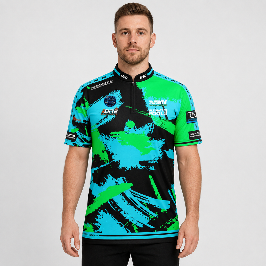 Front view of The Cue Club Men and Youth Cue Tang Clan Pool Shirt, featuring the vibrant graphic chest design, athletic collar, and tailored fit.