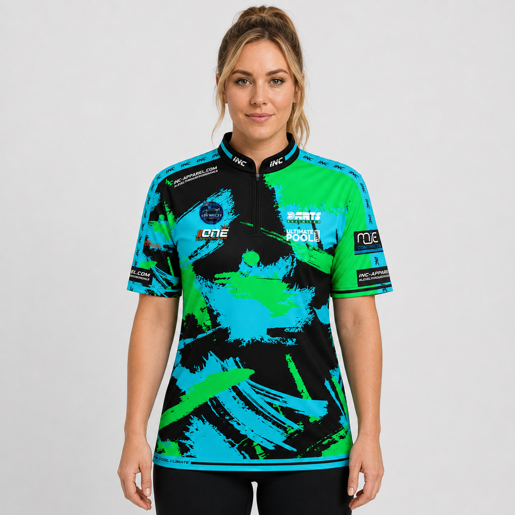 Front view of The Cue Club Women's Cue Tang Clan Pool Shirt, featuring the vibrant graphic chest emblem, tailored athletic silhouette, and clean collar design.