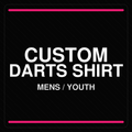 Front view of the Custom Men and Youth Darts Shirt, highlighting customizable collar options, logo placement zones, optional pocket, and moisture-wicking polyester fabric.