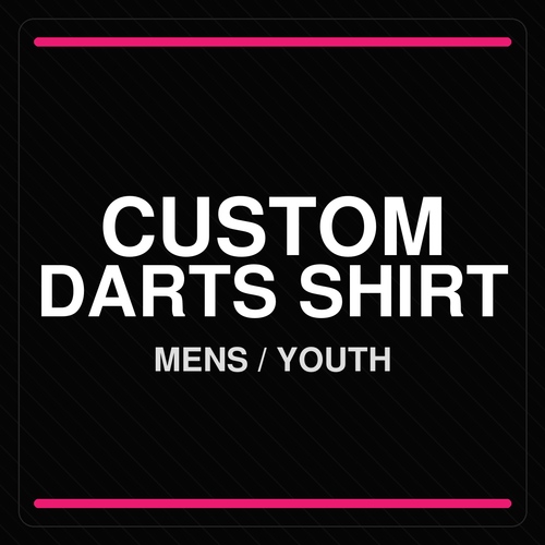 Front view of the Custom Men and Youth Darts Shirt, highlighting customizable collar options, logo placement zones, optional pocket, and moisture-wicking polyester fabric.