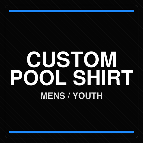 Front view of the Custom Men and Youth Pool Shirt, showcasing customizable collar options, logo placement areas, optional chest pocket, and an athletic silhouette.