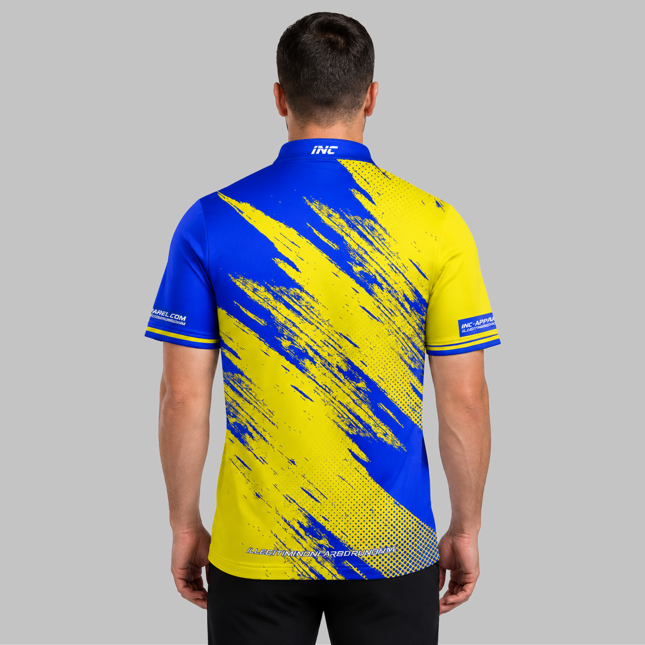 Back view of the Incursus Men and Youth Blue and Yellow Darts and Pool Shirt, highlighting the breathable rear paneling and flexible shoulder cut for unrestricted movement.