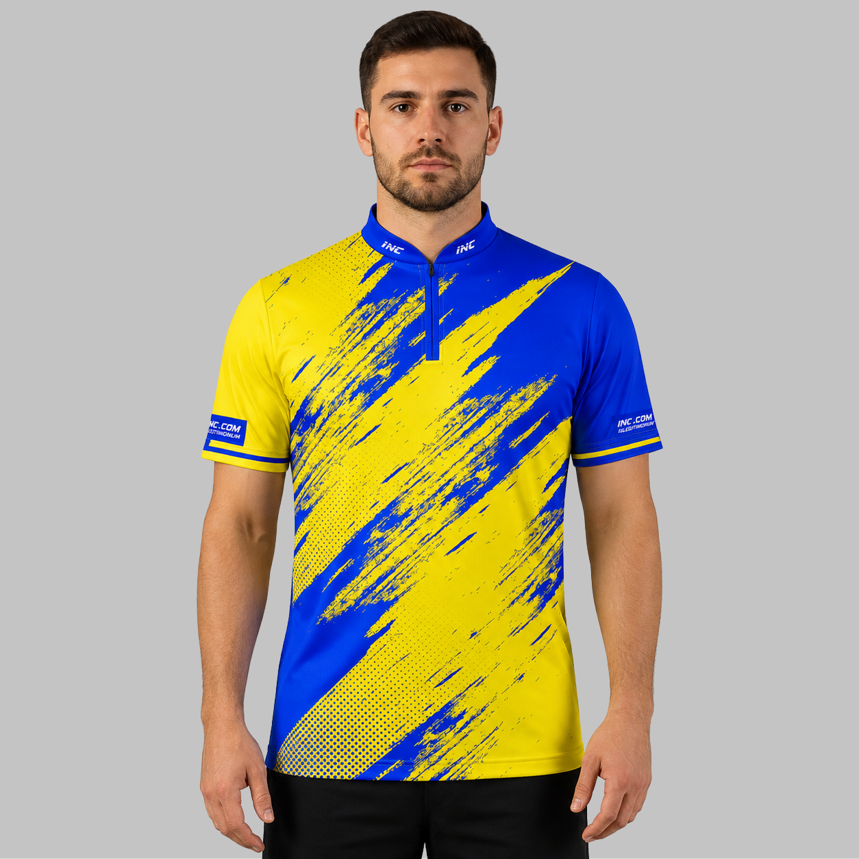 Front view of the Incursus Men and Youth Blue and Yellow Darts and Pool Shirt, showcasing the vibrant contrast panel design, athletic silhouette, and structured collar.