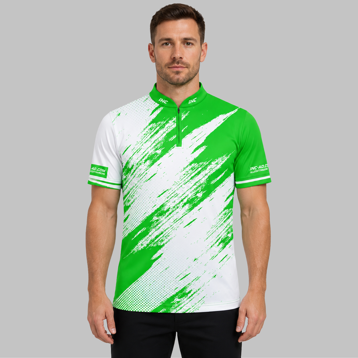 Front view of the Incursus Men and Youth Green and White Darts and Pool Shirt, showcasing the bold contrast panel design, athletic silhouette, and structured collar.
