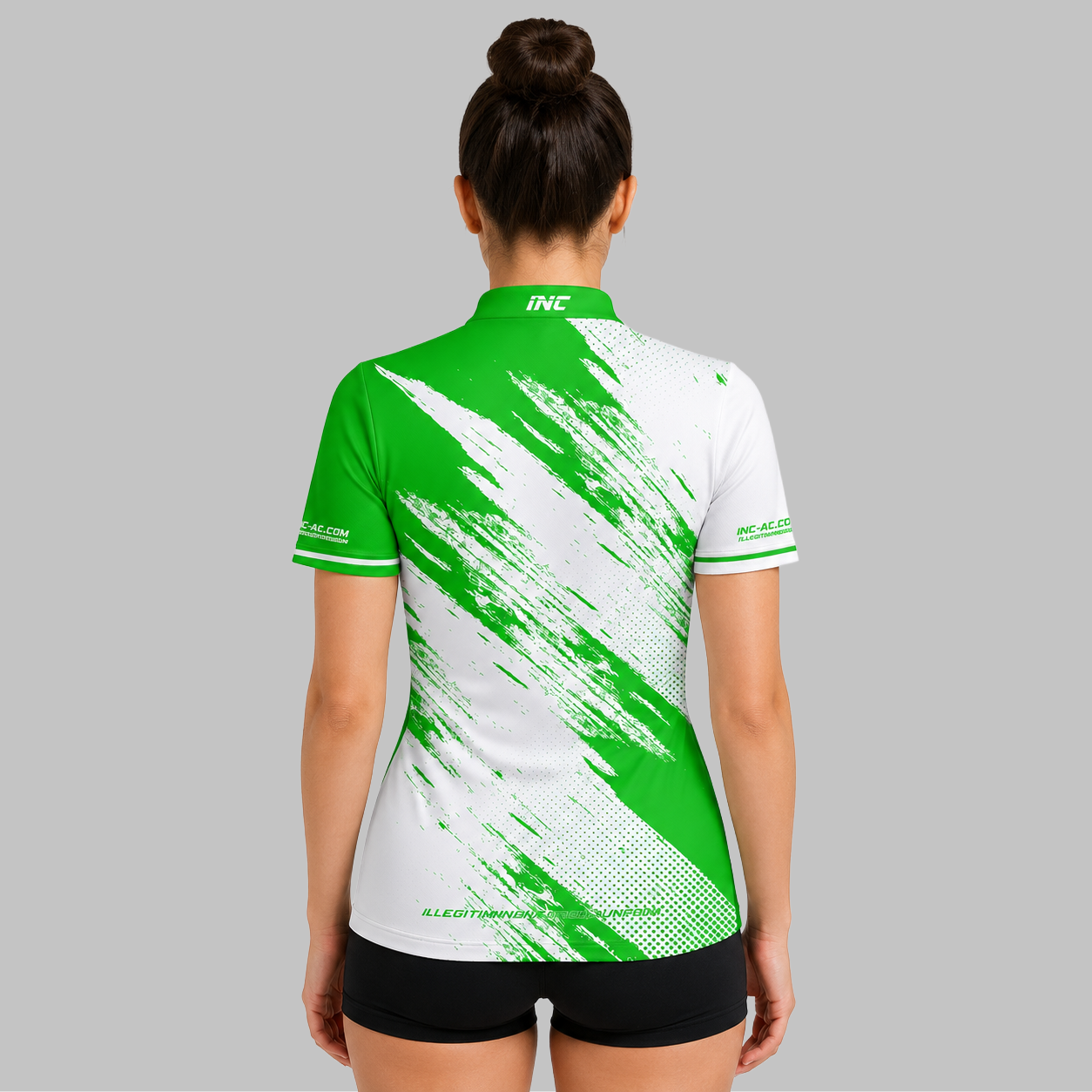 Back view of the Incursus Women's Green and White Darts and Pool Shirt, highlighting the breathable contoured back paneling and flexible shoulder cut.
