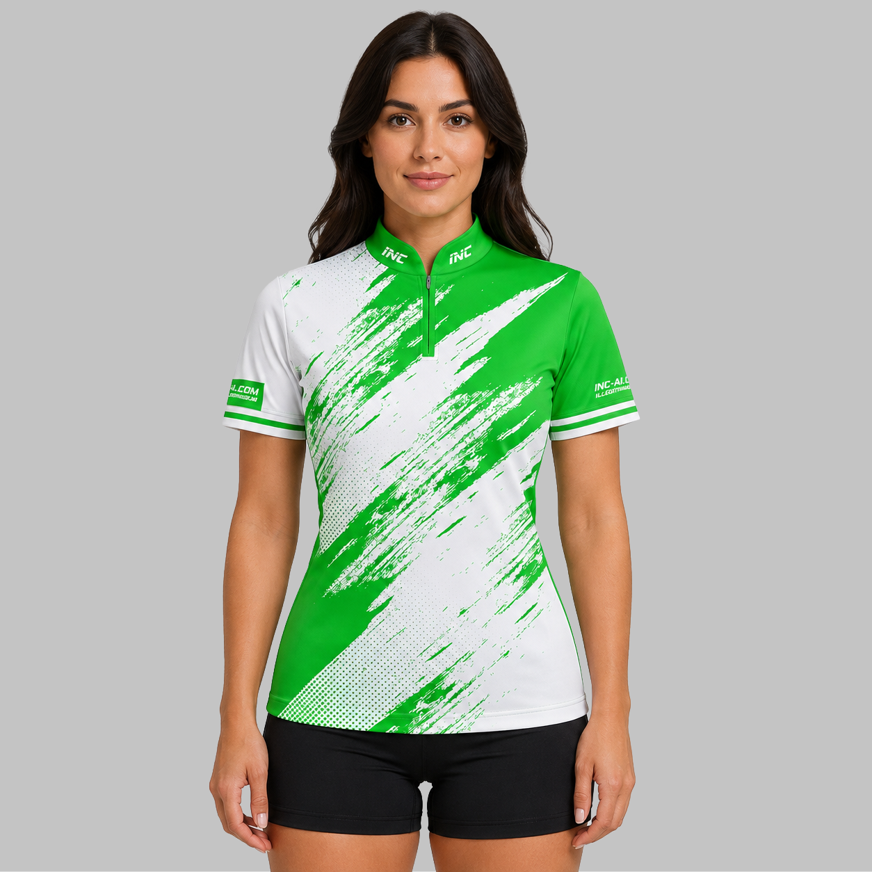 Front view of the Incursus Women's Green and White Darts and Pool Shirt, showcasing the bold contrast panel design, tailored feminine silhouette, and sleek collar.