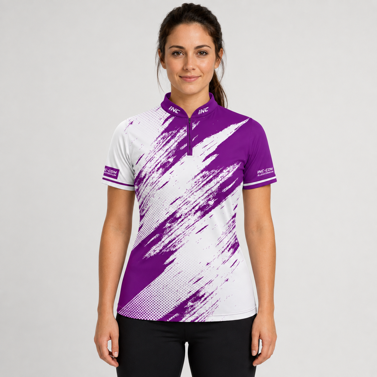 Front view of the Incursus Women's Purple and White Darts and Pool Shirt, showcasing the bold contrast panel design, tailored feminine silhouette, and sleek collar.