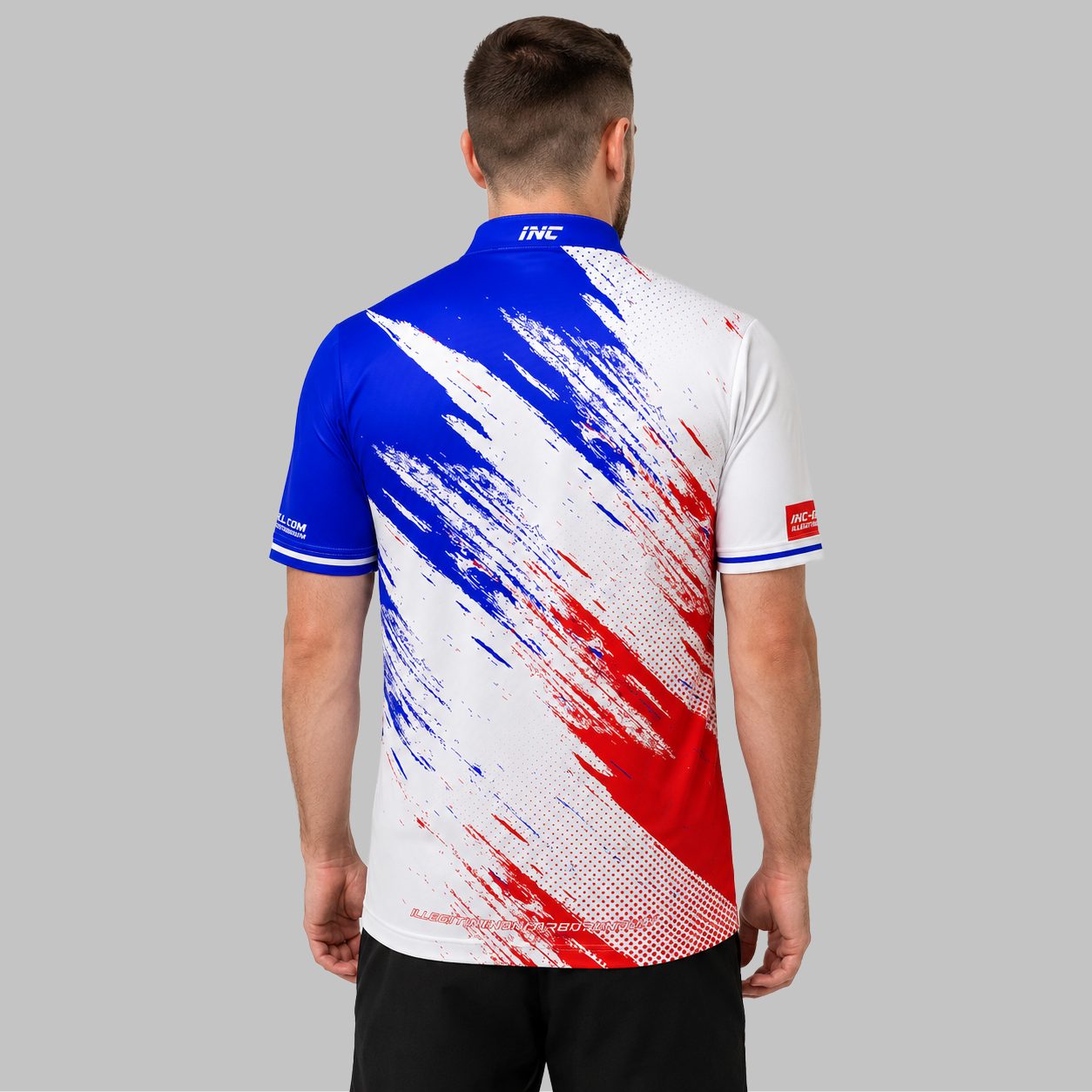 Back view of the Incursus Men and Youth Red White and Blue Darts and Pool Shirt, highlighting the breathable rear paneling and athletic shoulder cut for unrestricted movement.
