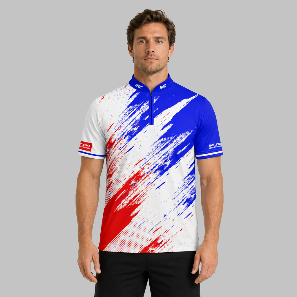 Front view of the Incursus Men and Youth Red White and Blue Darts and Pool Shirt, showcasing the tricolor panel design, dynamic athletic silhouette, and structured collar.