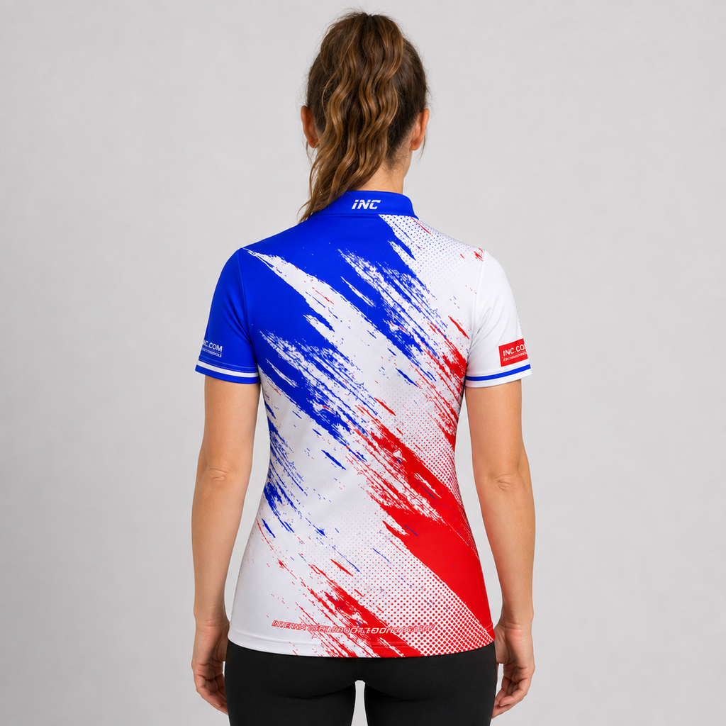 Back view of the Incursus Women's Red White and Blue Darts and Pool Shirt, highlighting the breathable contoured back paneling and flexible shoulder cut.