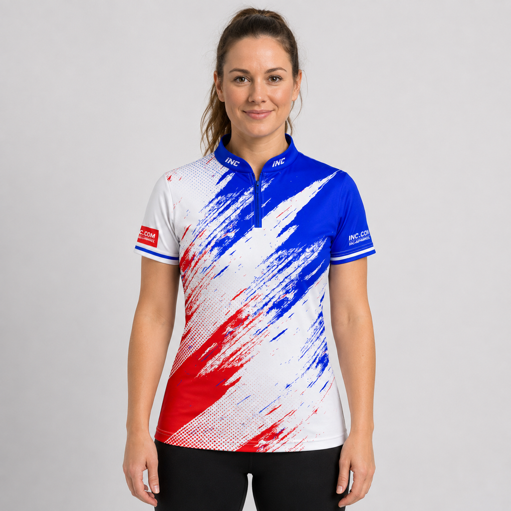 Front view of the Incursus Women's Red White and Blue Darts and Pool Shirt, showcasing the tricolor panel design, tailored feminine silhouette, and sleek collar.