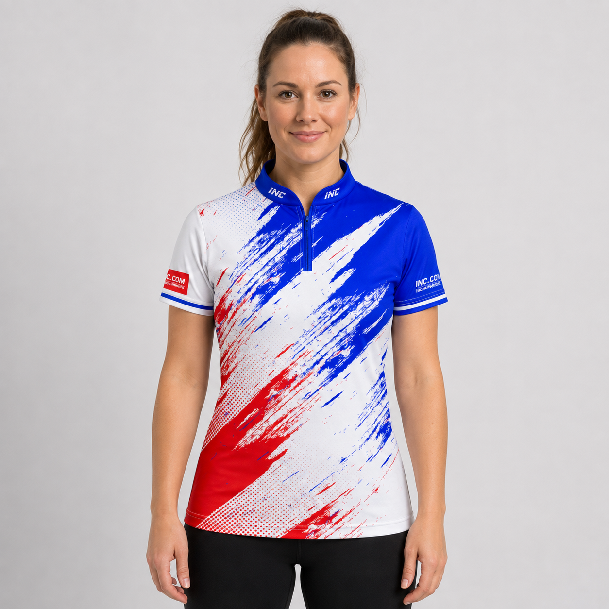 Front view of the Incursus Women's Red White and Blue Darts and Pool Shirt, showcasing the tricolor panel design, tailored feminine silhouette, and sleek collar.