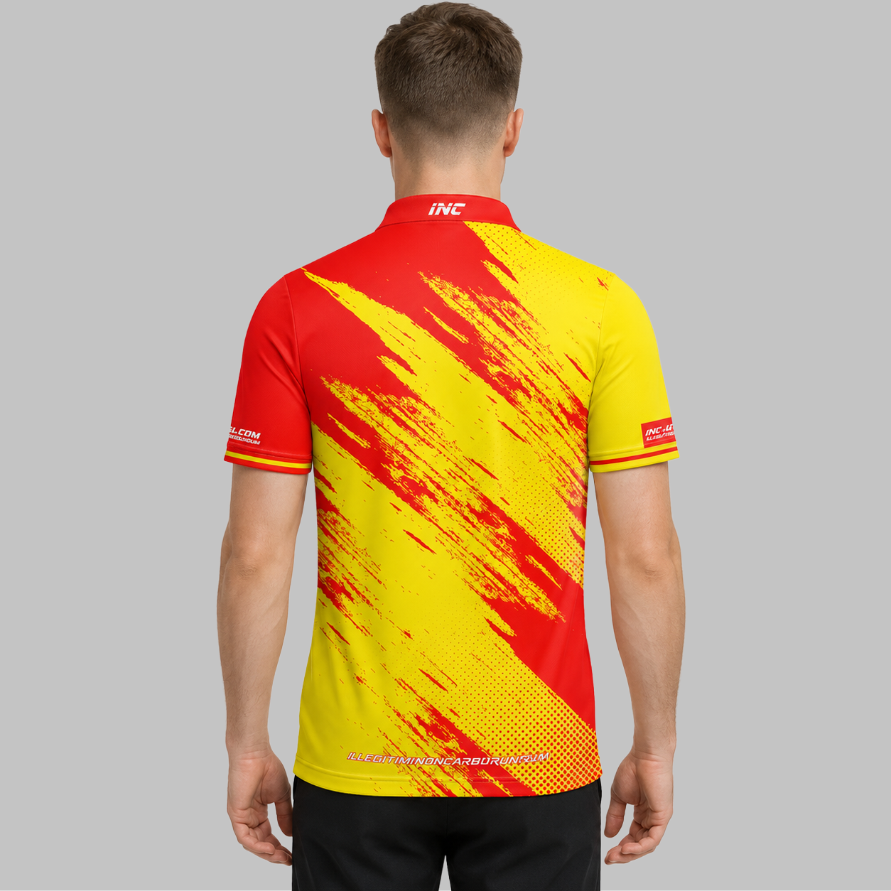 Back view of the Incursus Men and Youth Red and Yellow Darts and Pool Shirt, highlighting the breathable rear paneling and flexible shoulder cut for unrestricted movement.