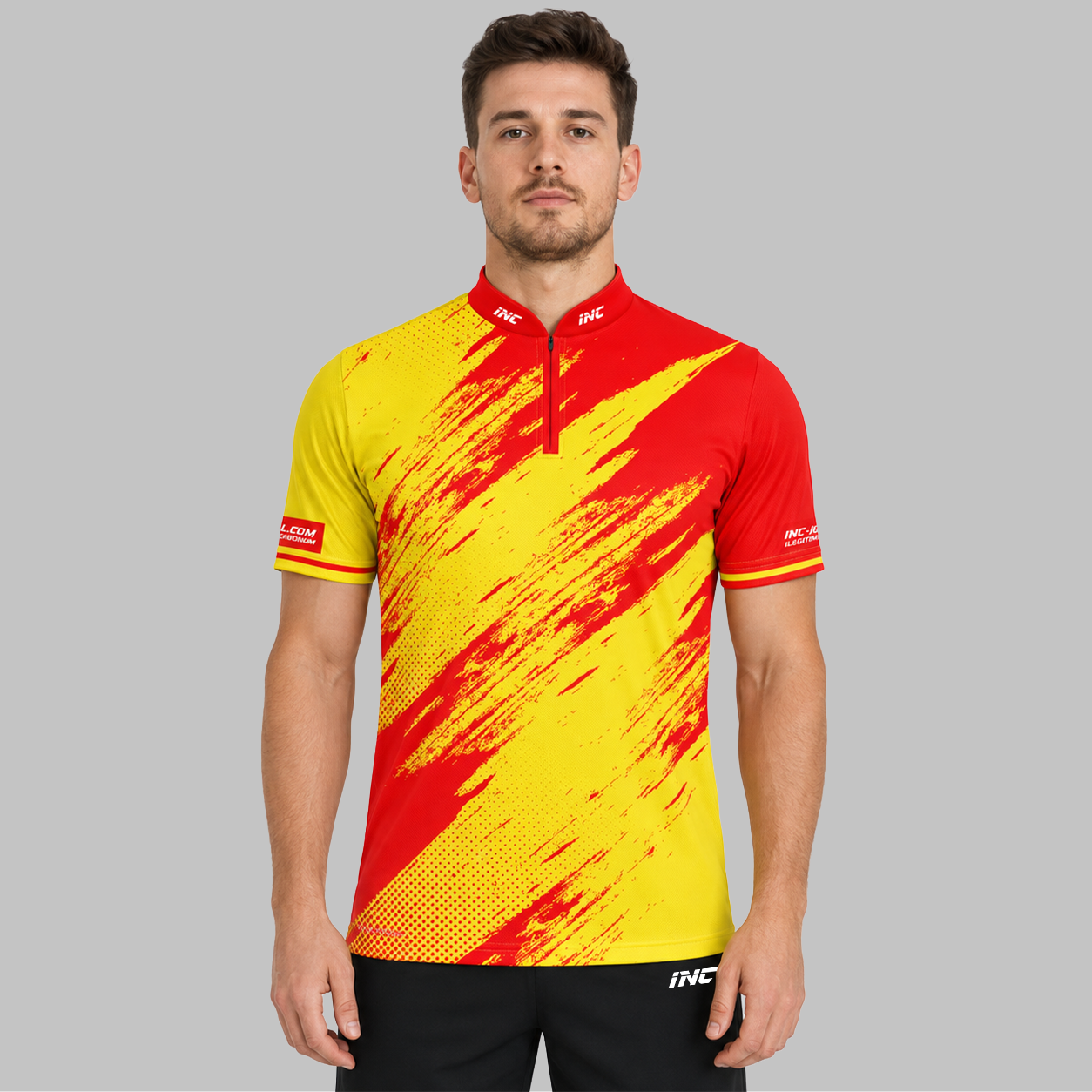 Front view of the Incursus Men and Youth Red and Yellow Darts and Pool Shirt, showcasing the bold contrast panel design, athletic silhouette, and structured collar.