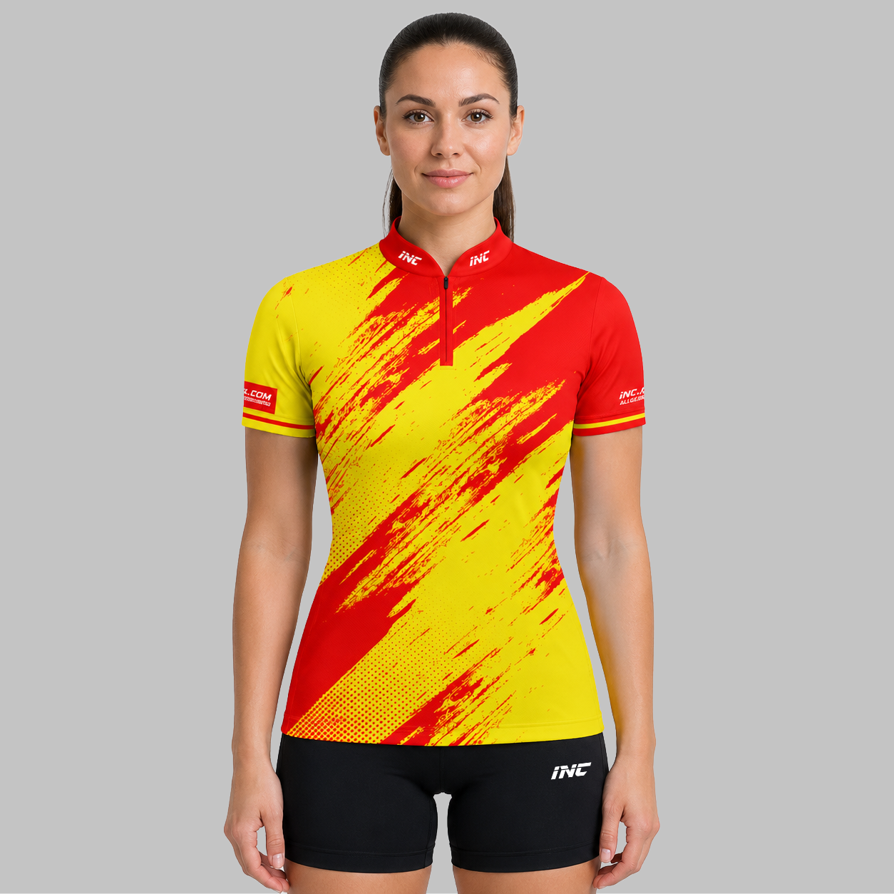 Front view of the Incursus Women's Red and Yellow Darts and Pool Shirt, showcasing the bold contrast panel design, tailored feminine silhouette, and sleek collar.