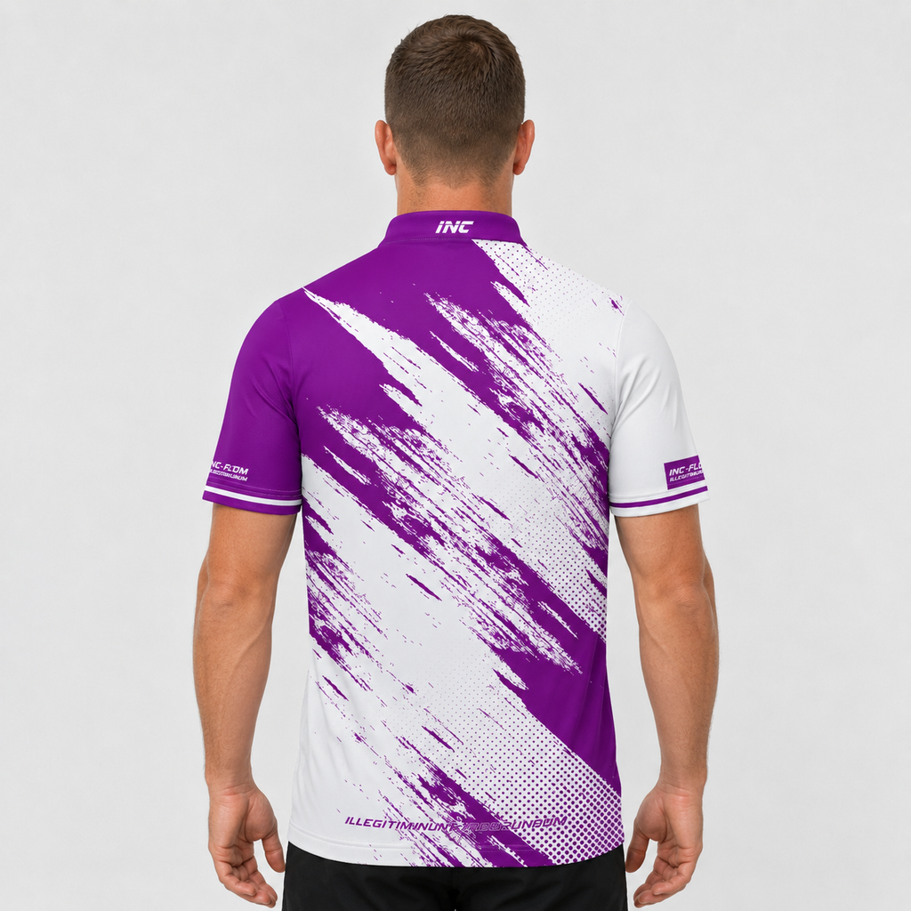 Back view of the Incursus Men and Youth White and Purple Darts and Pool Shirt, highlighting the breathable rear paneling and flexible shoulder cut for unrestricted movement.