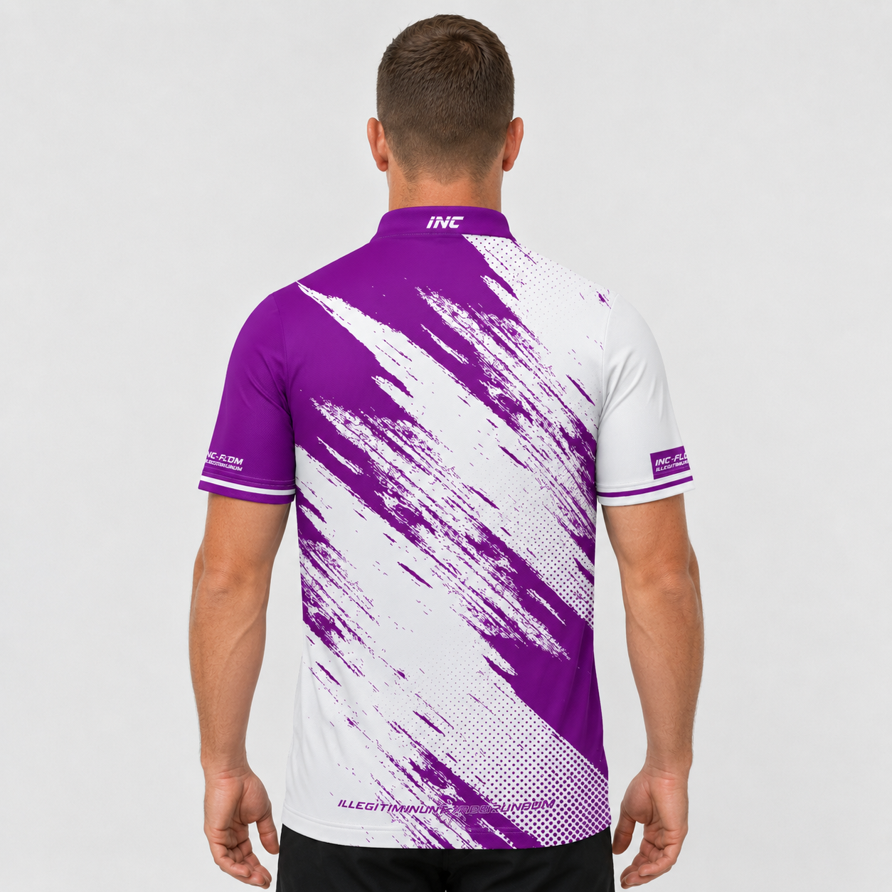Back view of the Incursus Men and Youth White and Purple Darts and Pool Shirt, highlighting the breathable rear paneling and flexible shoulder cut for unrestricted movement.