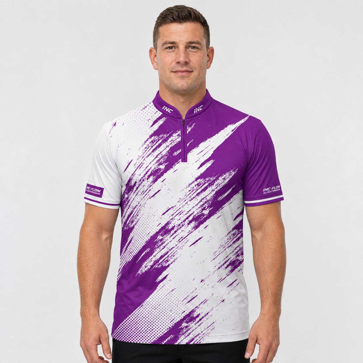 Front view of the Incursus Men and Youth White and Purple Darts and Pool Shirt, showcasing the crisp white base, bold purple contrast panels, athletic silhouette, and structured collar.