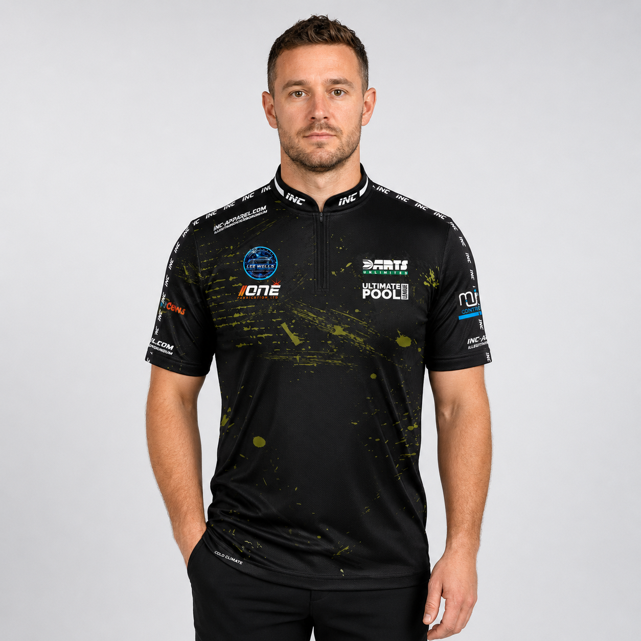 Front view of The Cue Club Men and Youth Leicester St Andrews Pool Shirt, showing the dynamic athletic fit, professional collar, and official club crest.
