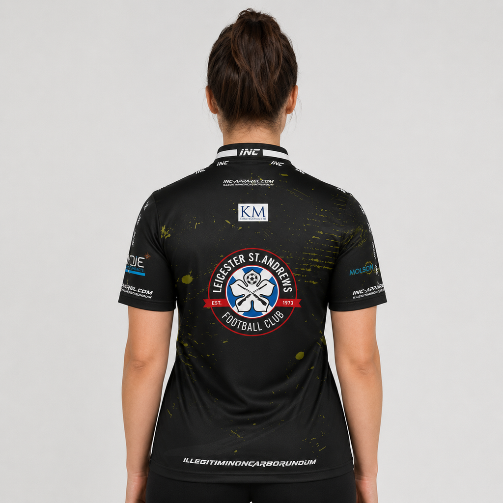 Back view of The Cue Club Women's Leicester St Andrews Pool Shirt, showcasing the breathable contoured back paneling and streamlined shoulder cut.