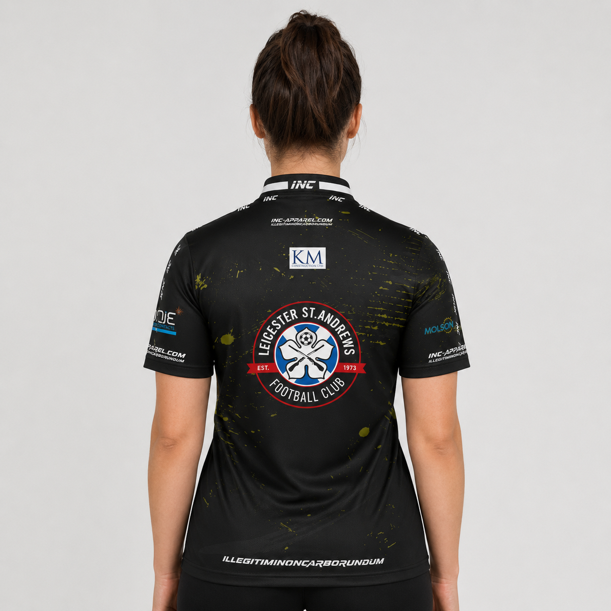 Back view of The Cue Club Women's Leicester St Andrews Pool Shirt, showcasing the breathable contoured back paneling and streamlined shoulder cut.