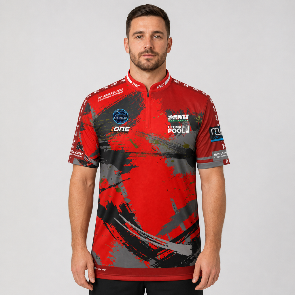 Front view of The Cue Club Men and Youth Mismatch Pool Shirt, showcasing the unique multi-panel contrast design, dynamic athletic fit, and structured collar.
