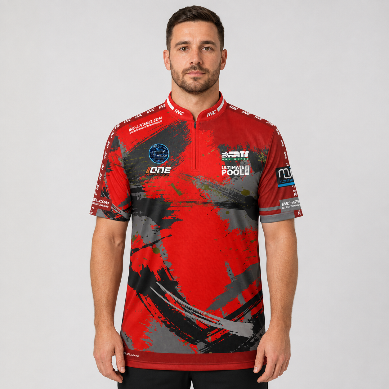 Front view of The Cue Club Men and Youth Mismatch Pool Shirt, showcasing the unique multi-panel contrast design, dynamic athletic fit, and structured collar.