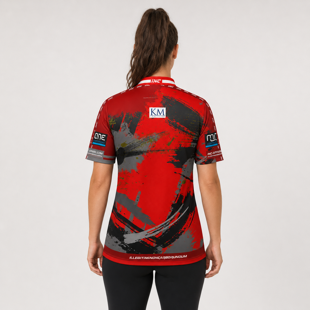 Back view of The Cue Club Women's Mismatch Pool Shirt, highlighting the breathable contoured back paneling and streamlined shoulder cut.
