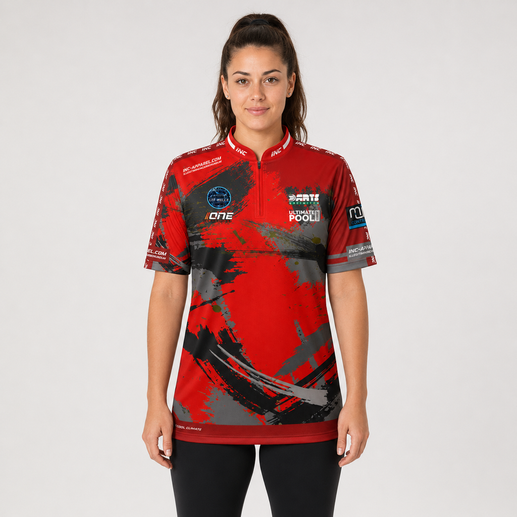 Front view of The Cue Club Women's Mismatch Pool Shirt, showcasing the unique multi-panel contrast design, tailored feminine silhouette, and clean collar.