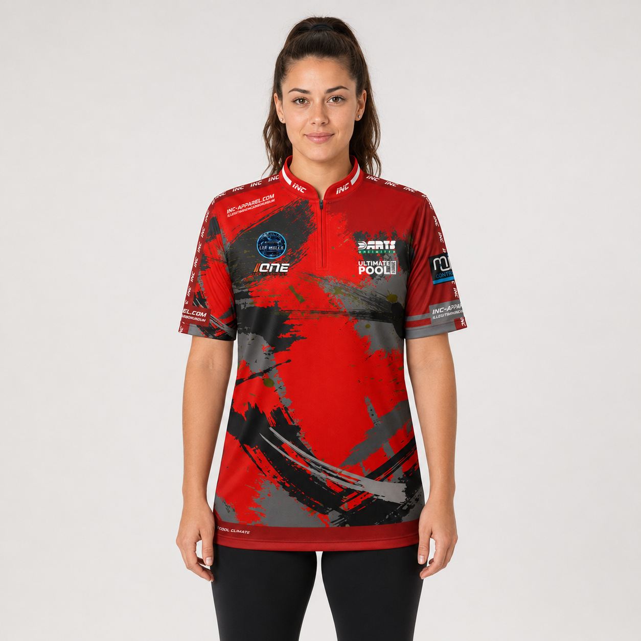 Front view of The Cue Club Women's Mismatch Pool Shirt, showcasing the unique multi-panel contrast design, tailored feminine silhouette, and clean collar.