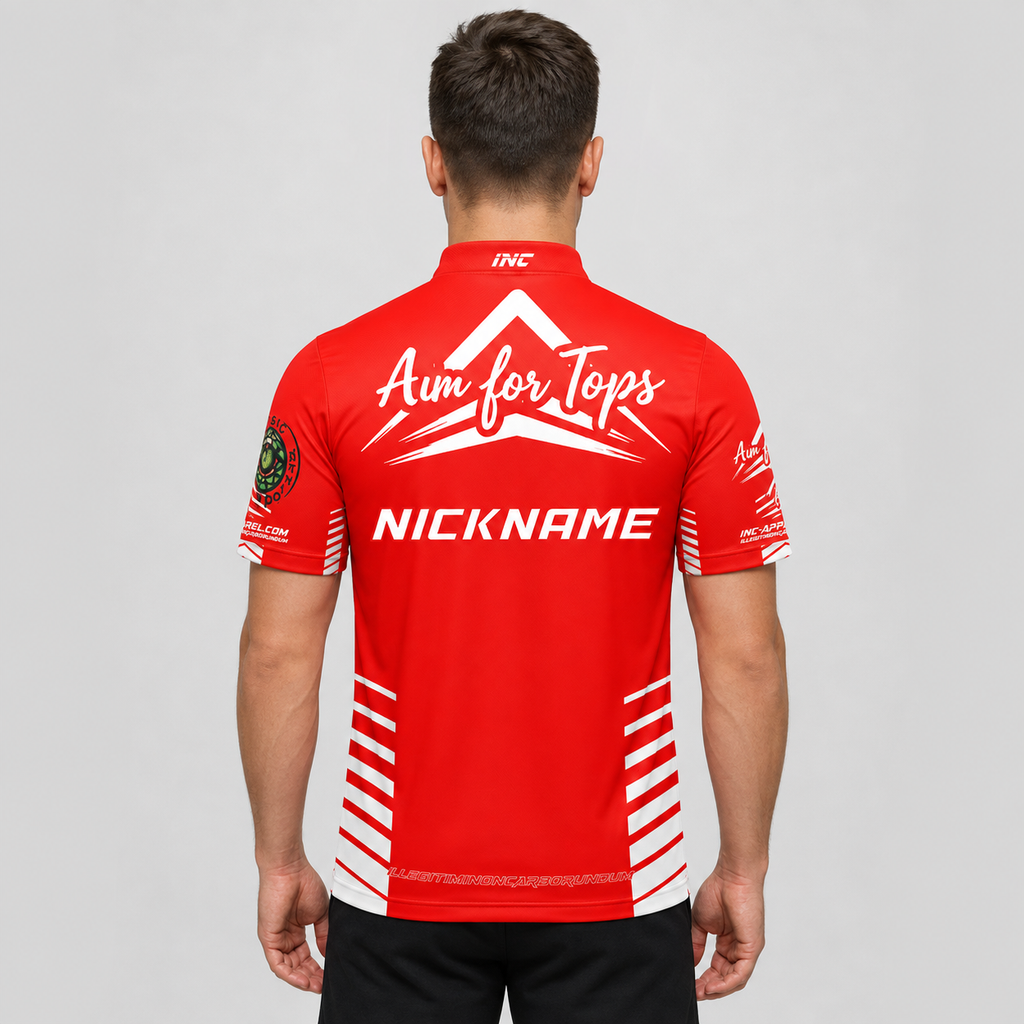 Back view of the Official Aim For Tops Men and Youth Darts Shirt, showcasing the breathable rear paneling and flexible sleeve cut for smooth throwing motion.