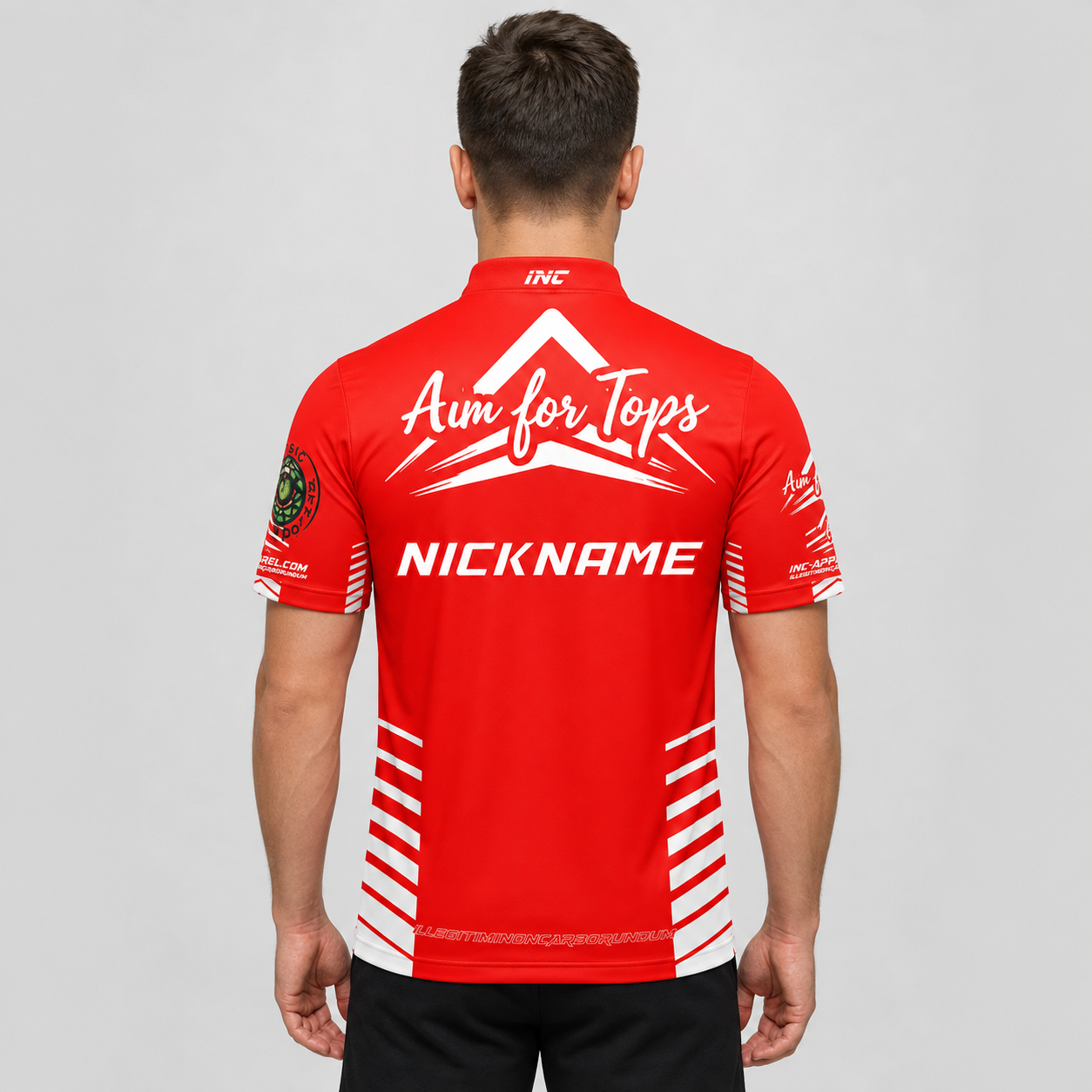 Back view of the Official Aim For Tops Men and Youth Darts Shirt, showcasing the breathable rear paneling and flexible sleeve cut for smooth throwing motion.