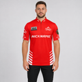 Front view of the Official Aim For Tops Men and Youth Darts Shirt, featuring the custom target emblem, athletic silhouette, and structured collar.