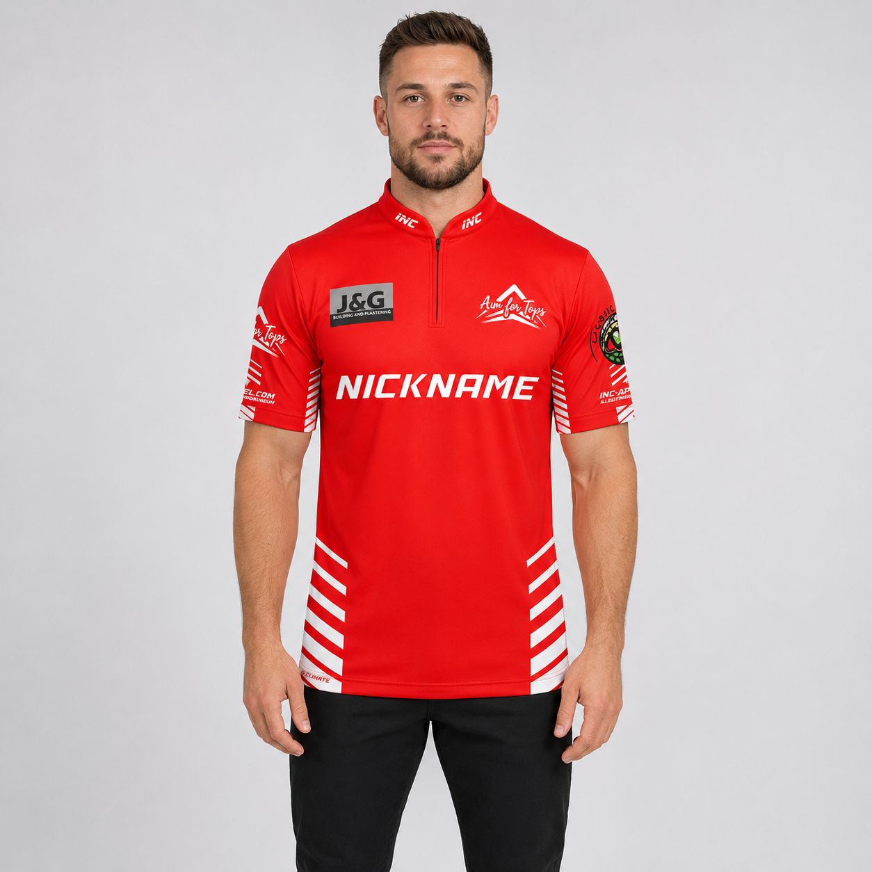 Front view of the Official Aim For Tops Men and Youth Darts Shirt, featuring the custom target emblem, athletic silhouette, and structured collar.