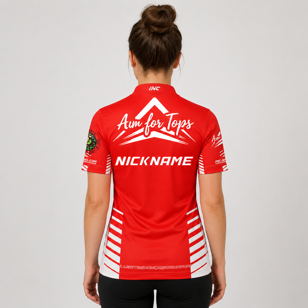 Back view of the Official Aim For Tops Women's Darts Shirt, showcasing the breathable contoured back paneling and flexible sleeve cut for smooth throwing motion.