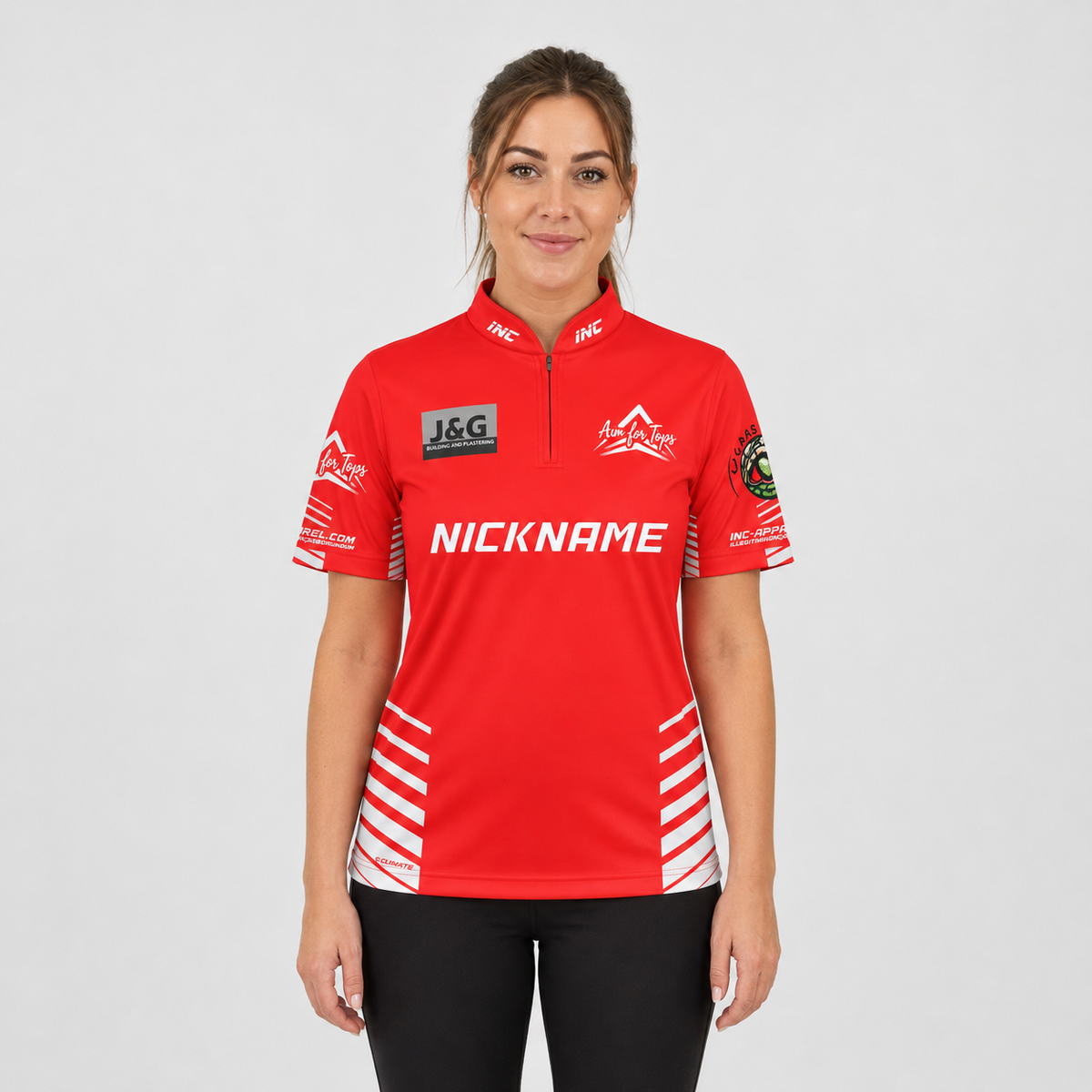 Front view of the Official Aim For Tops Women's Darts Shirt, featuring the custom target graphic, tailored feminine silhouette, and structured collar.