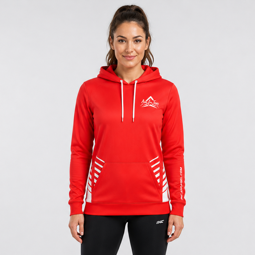 Front view of the Official Aim For Tops Unisex Hoodie in black, featuring the custom target graphic and comfortable kangaroo pocket.