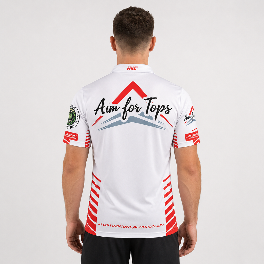 Back view of the Official Aim For Tops Men and Youth White Darts Shirt, showcasing the breathable white rear paneling and flexible sleeve cut for smooth throwing motion.