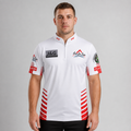 Front view of the Official Aim For Tops Men and Youth White Darts Shirt, featuring the custom target emblem, crisp white paneling, athletic silhouette, and structured collar.