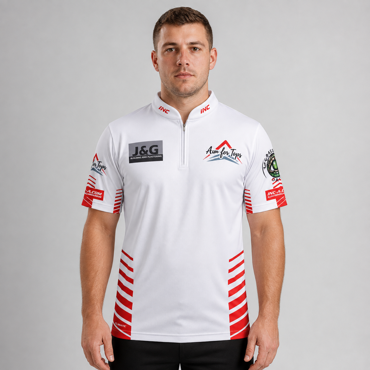 Front view of the Official Aim For Tops Men and Youth White Darts Shirt, featuring the custom target emblem, crisp white paneling, athletic silhouette, and structured collar.