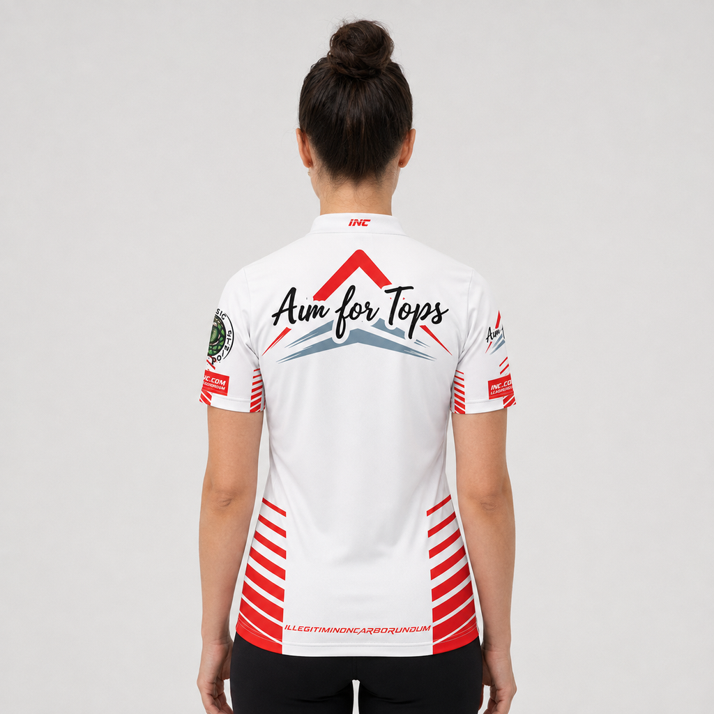 Back view of the Official Aim For Tops Women's White Darts Shirt, showcasing the breathable white contoured back paneling and flexible sleeve cut for smooth throwing motion.