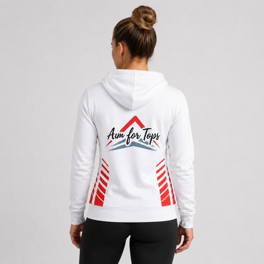 Back view of the Official Aim For Tops Unisex White Hoodie, showing the clean white fleece construction and dual-lined hood detail.