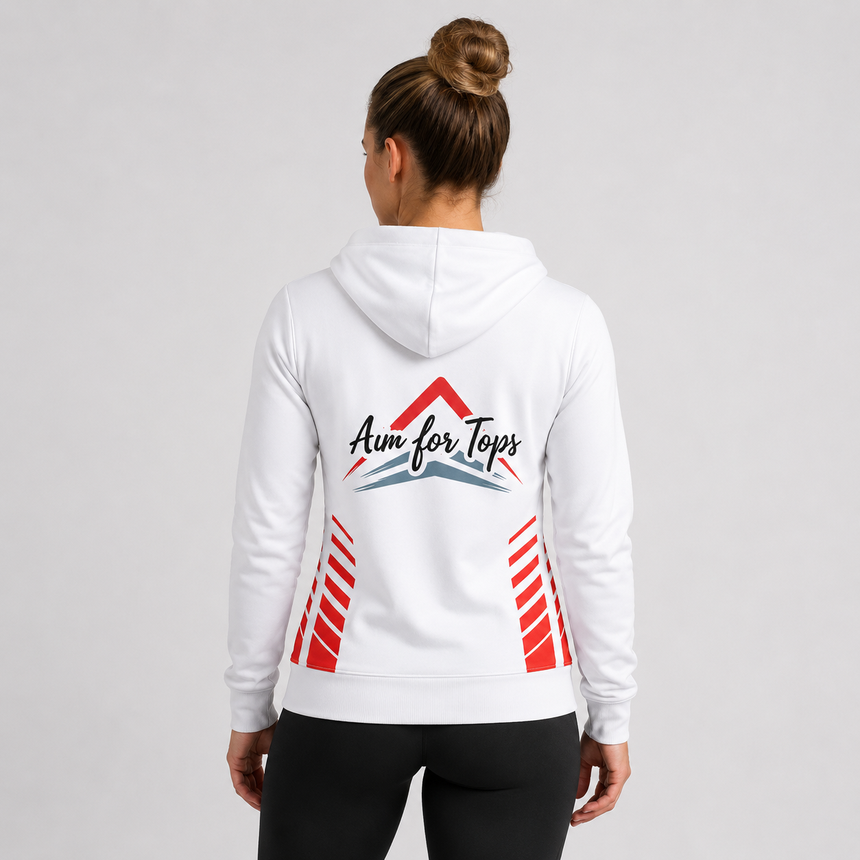 Back view of the Official Aim For Tops Unisex White Hoodie, showing the clean white fleece construction and dual-lined hood detail.