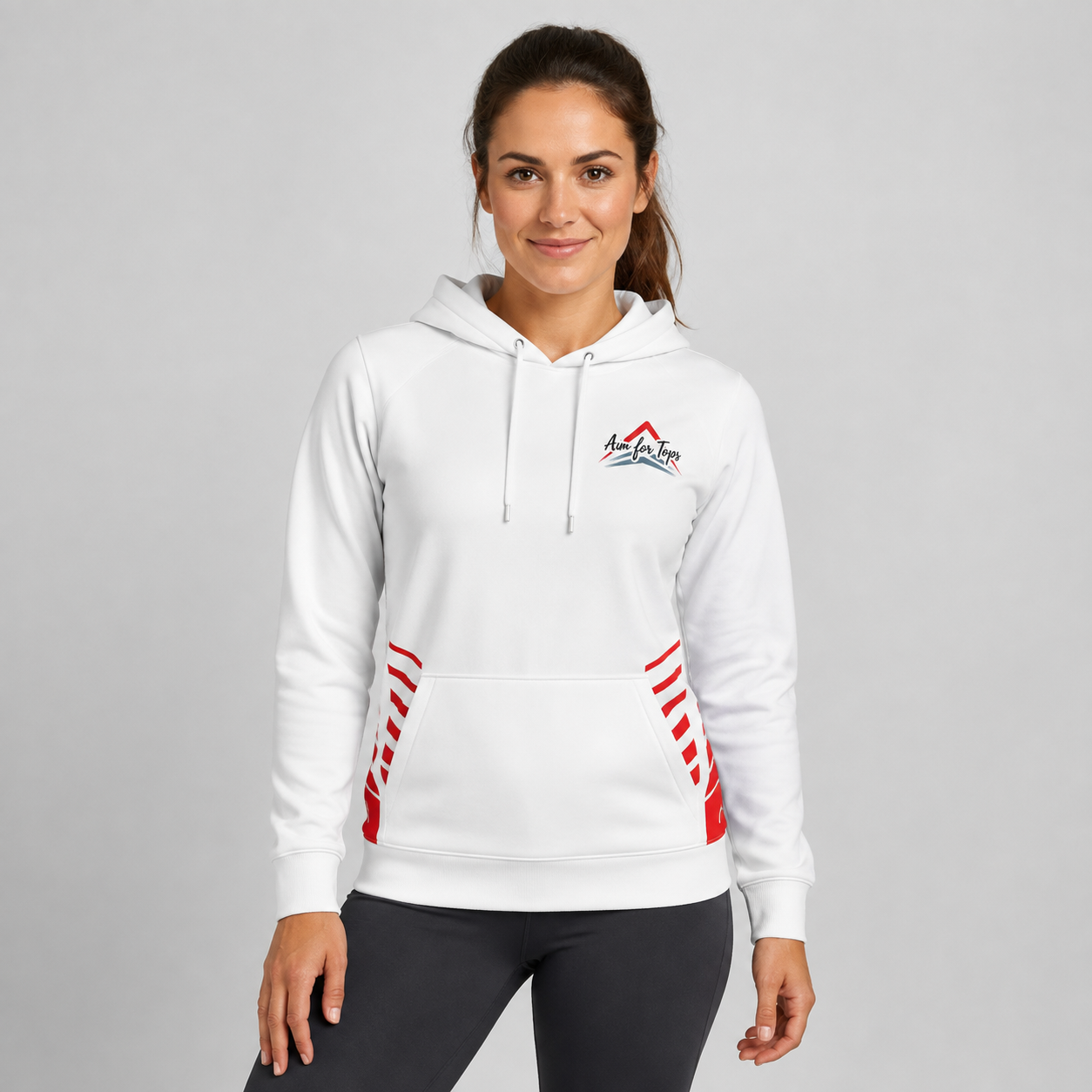 Front view of the Official Aim For Tops Unisex White Hoodie, featuring the custom target graphic, crisp white finish, and comfortable kangaroo pocket.