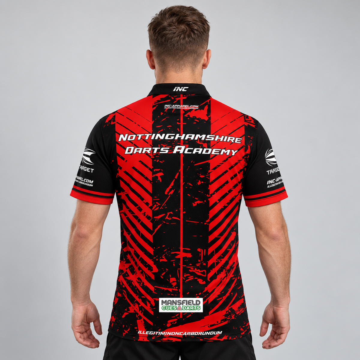 Back view of the Official Nottinghamshire Darts Academy Prodigy Elite Men and Youth Shirt, showcasing breathable ventilation paneling and ergonomic sleeve construction for smooth throwing motion.