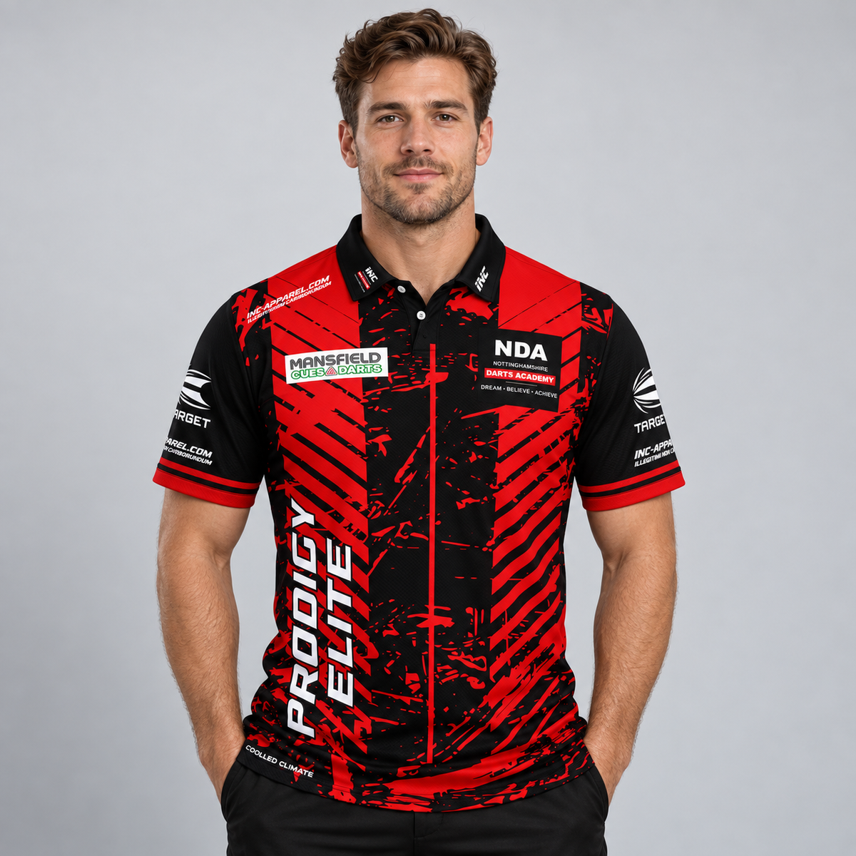 Front view of the Official Nottinghamshire Darts Academy Prodigy Elite Men and Youth Shirt, featuring exclusive Elite academy graphics, structured collar, and athletic silhouette.