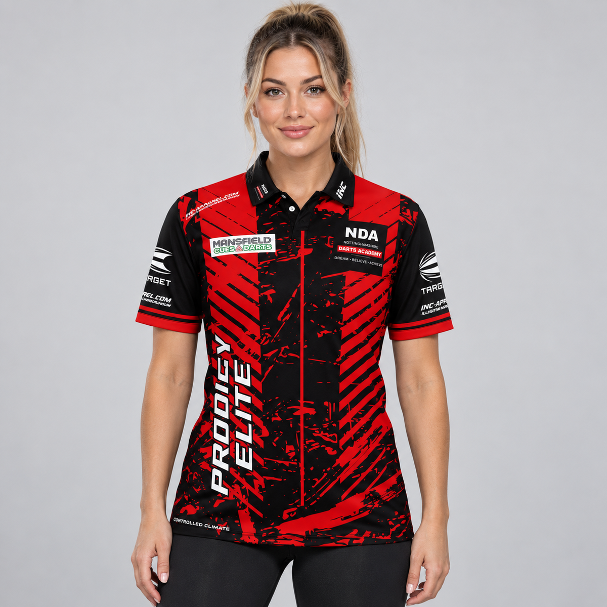 Front view of the Official Nottinghamshire Darts Academy Prodigy Elite Women's Shirt, featuring exclusive Elite academy graphics, structured collar, and tailored feminine silhouette.