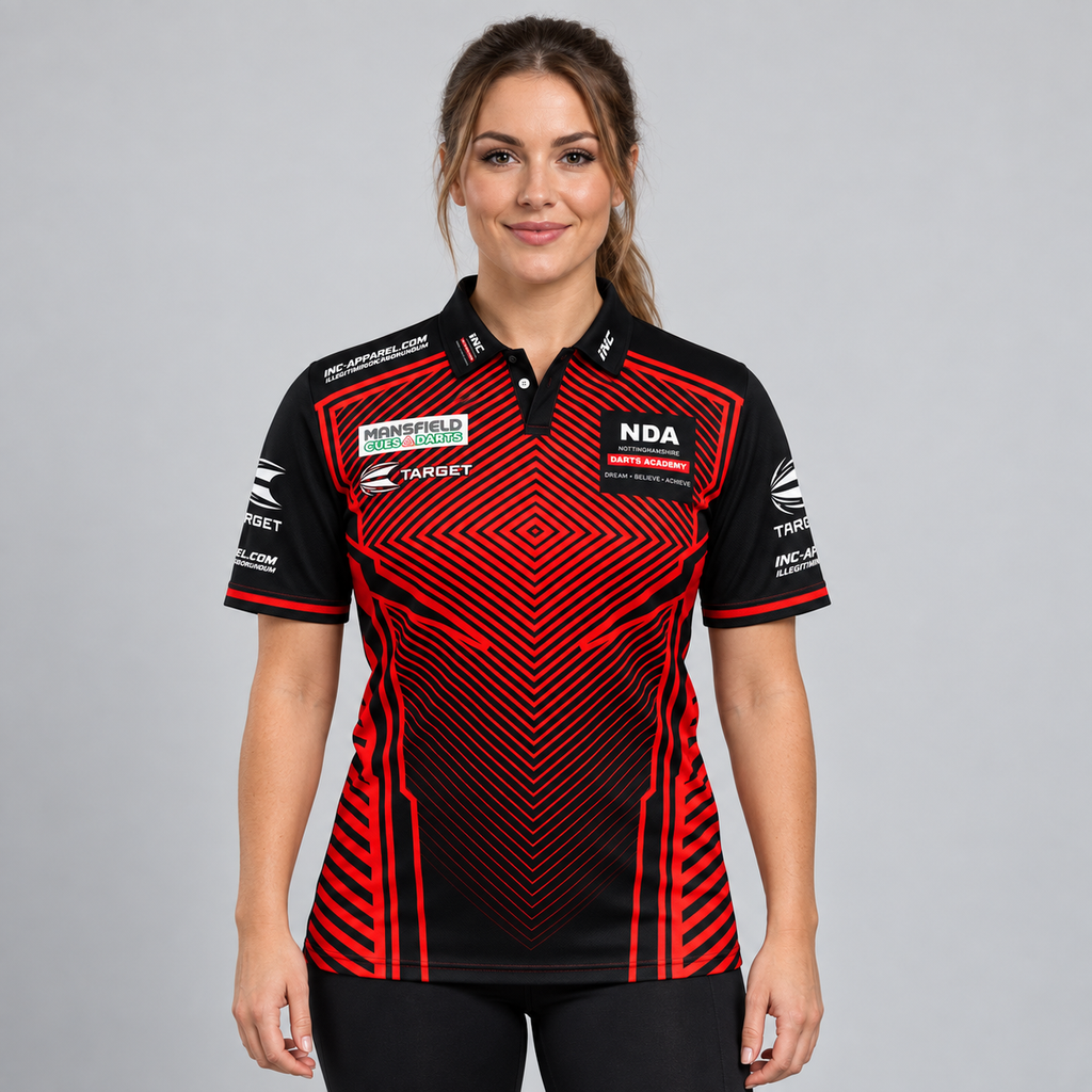 Front view of the Official Nottinghamshire Darts Academy Prodigy Women's Shirt, showcasing official academy branding, dynamic side paneling, and a tailored feminine silhouette.