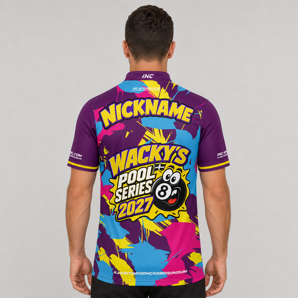 Back view of the Official Wackys Pool Series Men and Youth Pool Shirt, showcasing the breathable rear paneling and flexible sleeve construction for smooth cueing motion.